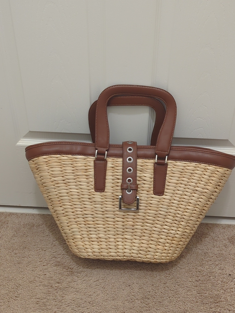 Express Natural Woven Tote with Brown Trim